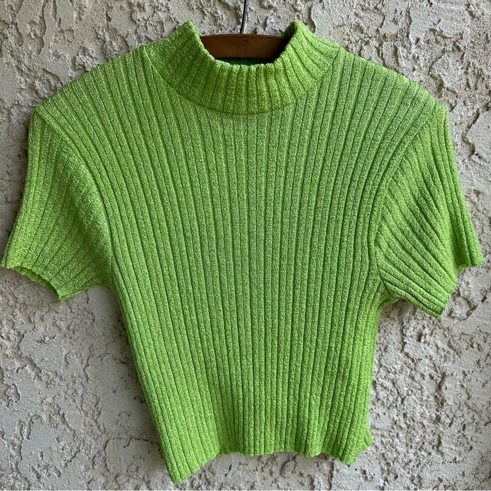 Vintage Y2K Lime Green Mock Neck Short Sleeve Sweater Rachel Monica